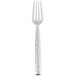 A silver 10 Strawberry Street dinner fork with a hammered design on the handle.