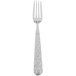 A silver stainless steel dinner fork with a design on the handle.