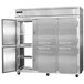 A Continental Refrigerator stainless steel reach-in freezer with half doors open.