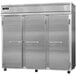 A Continental Refrigerator reach-in freezer with three solid doors on a white surface.