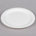 A white Carlisle polycarbonate plate with a narrow rim on a gray surface.