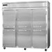 A large stainless steel reach-in freezer with three white doors.