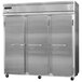 A Continental Refrigerator stainless steel reach-in freezer with three solid doors.