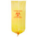 A yellow plastic bag with red text that reads "Infectious Linen" and a biohazard symbol.