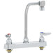 A T&S chrome deck-mounted workboard faucet with two levers.