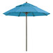 A sky blue Grosfillex Windmaster umbrella on an aluminum pole.
