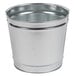 A silver metal pail with a handle.