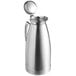 A silver stainless steel thermal beverage server with a lid and handle.