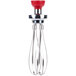 A KitchenAid whisk attachment with a red handle.