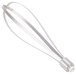 A silver whisk attachment with a white plastic handle.