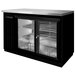 A black Continental Back Bar refrigerator with glass sliding doors.