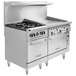 A large stainless steel Vulcan commercial range with 4 burners, a manual griddle, and 2 ovens.