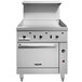 A large steel Vulcan gas range with a griddle and convection oven.