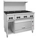 A stainless steel Vulcan 48" range with 8 burners and a standard oven.