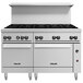 A white Vulcan 60" commercial gas range with black knobs.