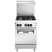 A stainless steel Vulcan commercial gas range with four burners and an open oven door.