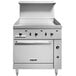 A Vulcan commercial gas range with a thermostatic griddle, oven, and knobs.