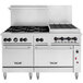 A Vulcan commercial gas range with 6 burners, a charbroiler, and a convection oven.