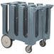 A Cambro grey plastic dish dolly with metal columns.