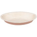 An EcoChoice oval palm leaf bowl with a leaf pattern and brown rim.
