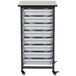 A white and black Luxor mobile storage unit with 8 small metal bins.