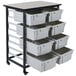 A grey and black Luxor storage cart with eight white plastic drawers.