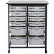 A black and white Luxor storage cart with many small and large bins on shelves.