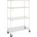 A brite Metro metal wire shelving unit with rubber casters.