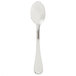 A silver Libbey stainless steel teaspoon with a white handle.