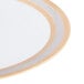 A close up of a white porcelain dinner plate with a gold rim.