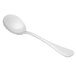 A close-up of a Libbey stainless steel soup spoon with a white background.