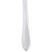 A silver Libbey extra heavy weight dinner knife with a curved handle on a white background.