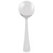 A Libbey stainless steel bouillon spoon with a white handle.