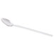 A Libbey stainless steel iced tea spoon with a white handle on a white background.