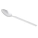 A Libbey stainless steel teaspoon with a white handle on a white background.