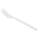 A silver Libbey Madison dessert fork with a white background.