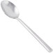A close-up of a Libbey stainless steel bouillon spoon with a long handle.