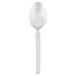 A stainless steel Libbey demitasse spoon with a white handle.