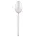A Libbey stainless steel dessert spoon with a white handle and a black border on a white background.
