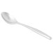 A close-up of a Libbey stainless steel dessert spoon with a white handle.