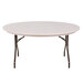 A mocha granite Correll round folding table with black legs.