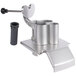 A silver Robot Coupe food processor feed head with a black handle.