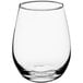 A clear glass Acopa stemless wine glass.