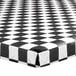 A white rectangular tablecloth with a black and white checkered design and elastic edges.