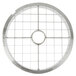 A stainless steel circular metal grid with a hole in the middle.