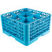 A blue plastic Carlisle glass rack with 9 compartments and extenders.