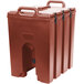 A brown plastic Cambro insulated soup carrier with handles.