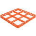 An orange plastic Carlisle OptiClean glass rack extender with 9 compartments.