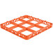 An orange plastic Carlisle OptiClean glass rack extender with 9 compartments.