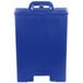 A navy blue plastic Cambro soup carrier with a handle and lid.